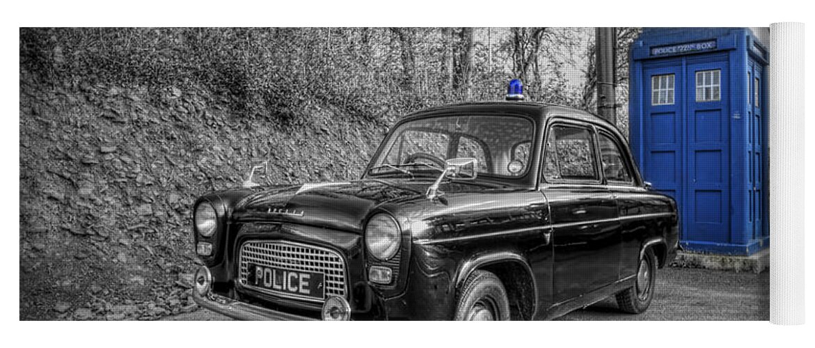 Art Yoga Mat featuring the photograph Old British Police Car And Tardis by Yhun Suarez