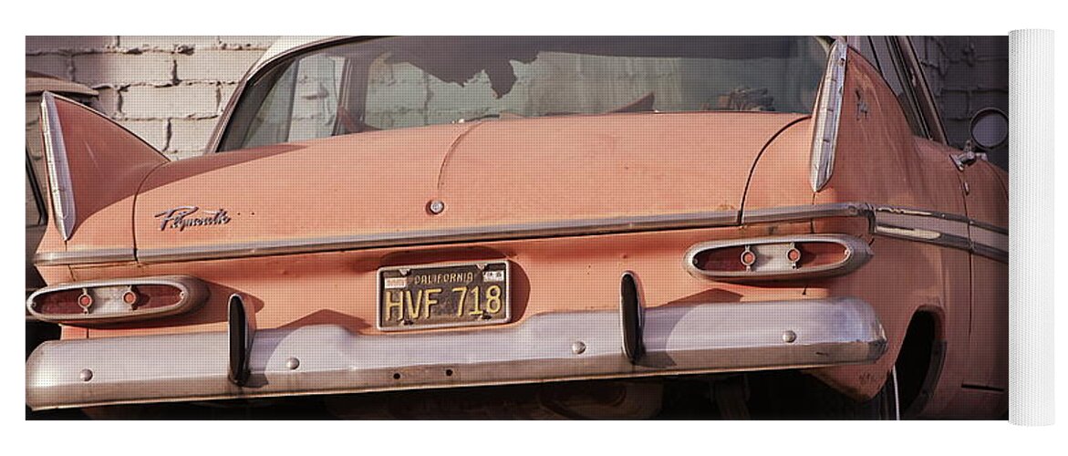 Classic Plymouth Yoga Mat featuring the photograph Old Faded Red Plymouth in Sunset Tones by Colleen Cornelius