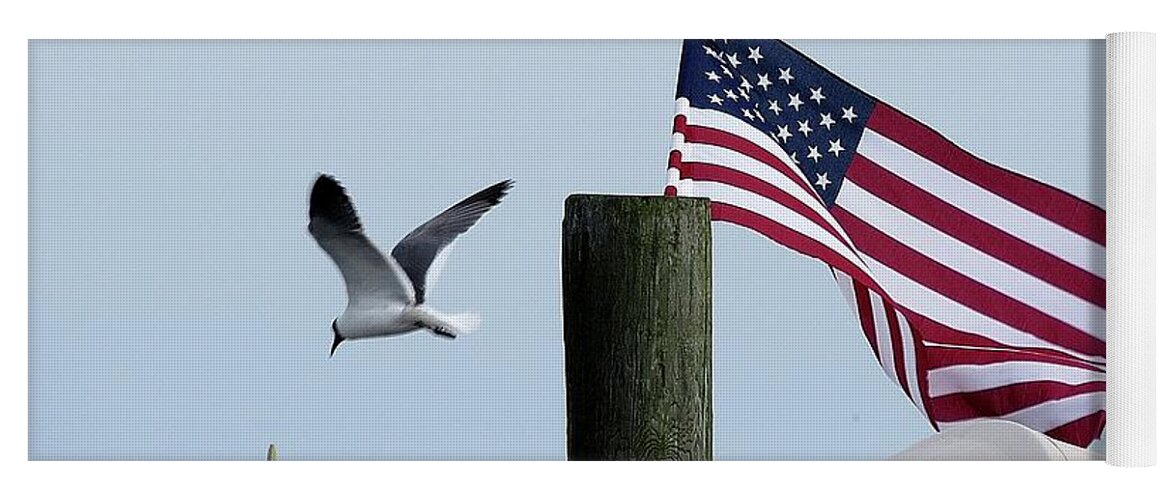 American Flag Yoga Mat featuring the photograph Old Glory and Gull by Linda Stern