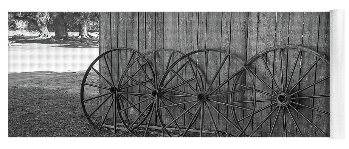 Black And White Yoga Mat featuring the photograph Old Wagon Wheels Black And White by Kathy Baccari