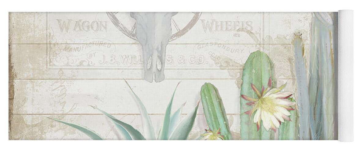 Longhorn Cow Skull Yoga Mat featuring the painting Old West Cactus Garden w Longhorn Cow Skull n Succulents over Wood by Audrey Jeanne Roberts