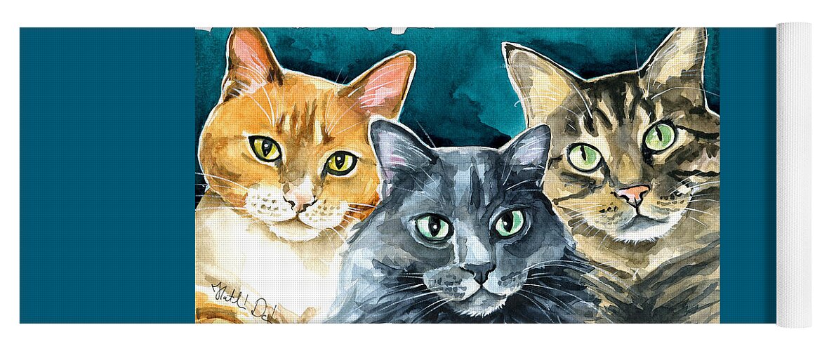 Cat Yoga Mat featuring the painting Oliver, Willow and Walter - Cat Painting by Dora Hathazi Mendes