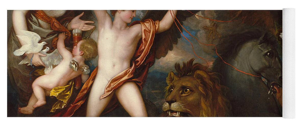 Benjamin West Yoga Mat featuring the painting Omnia Vincit Amor or The Power of Love in the Three Elements by Benjamin West