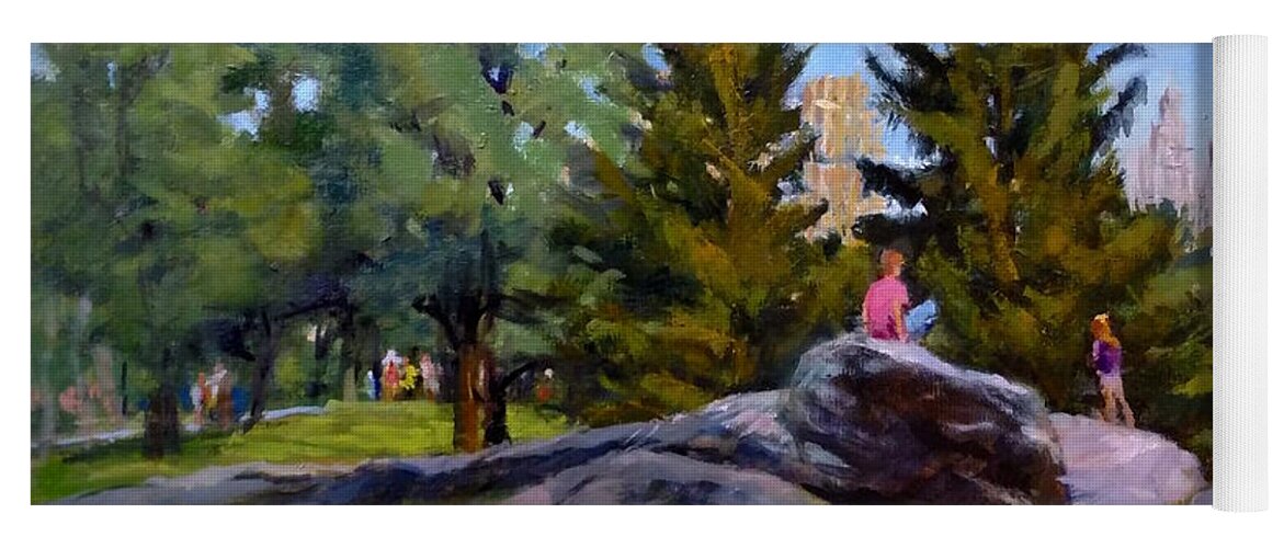 Landscape Yoga Mat featuring the painting On the Rocks in Central Park by Peter Salwen