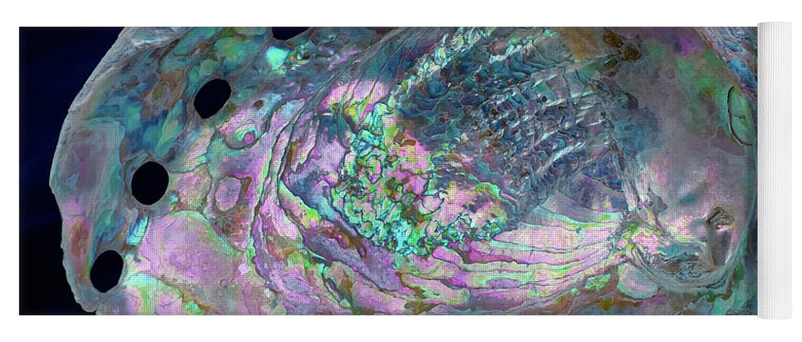 Abalone Yoga Mat featuring the photograph Opalescent Abalone Seashell on Blue Velvet by Kathy Anselmo