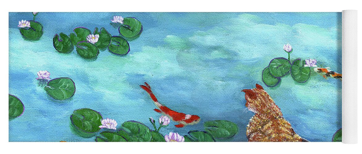 Orange Yoga Mat featuring the painting Orange Cat at Koi Pond by Laura Iverson