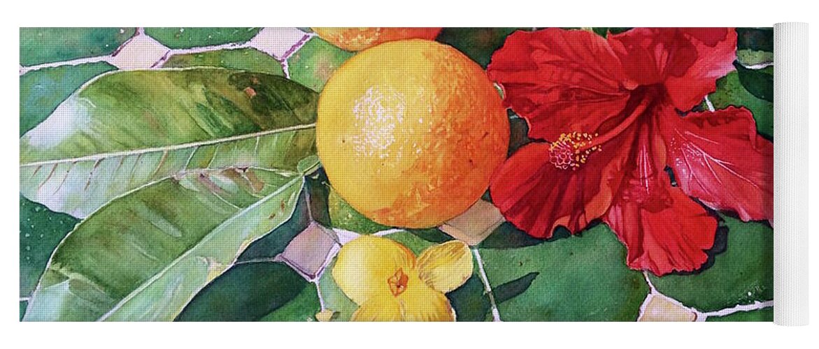Orange Yoga Mat featuring the painting Orange et Hibiscus by Francoise Chauray