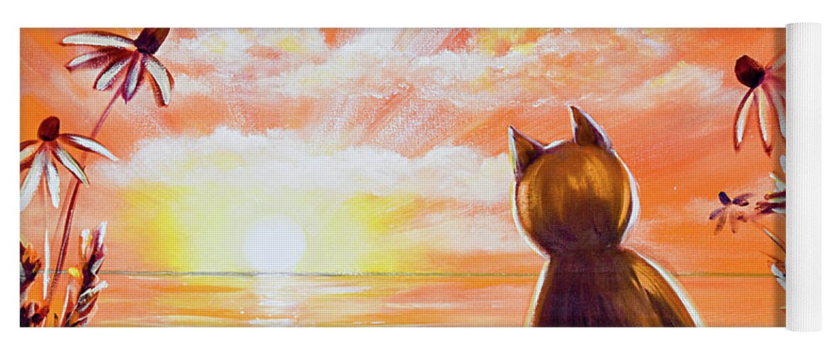 Cat Yoga Mat featuring the painting Orange Sunset with a Cat by Gina De Gorna