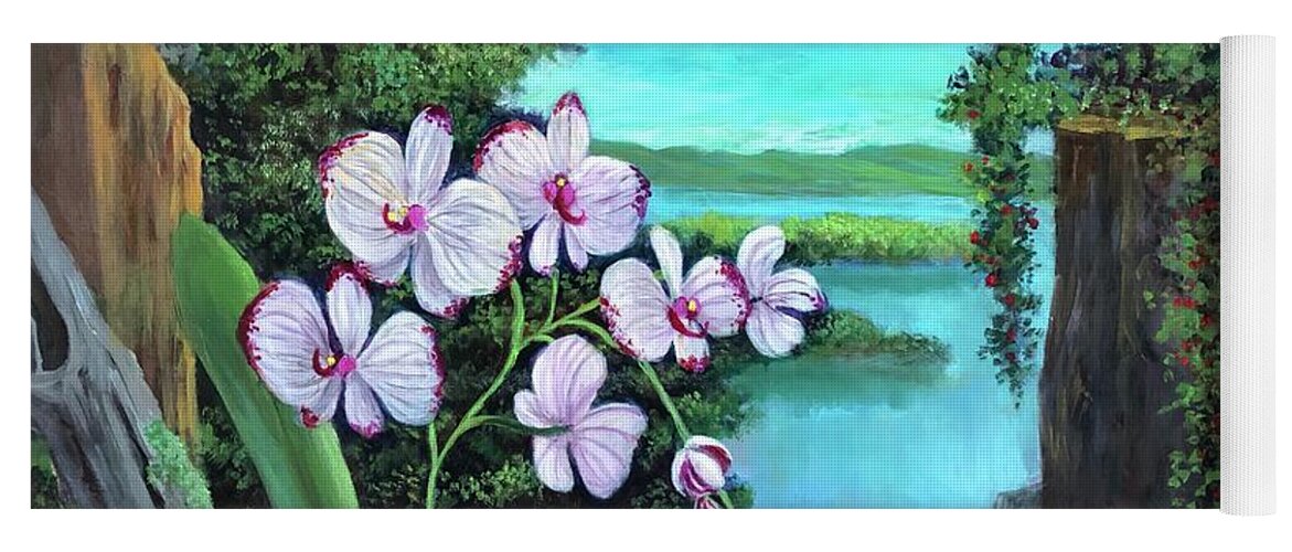 Phaelenopsis Yoga Mat featuring the painting Orchid in Paradise by Rand Burns