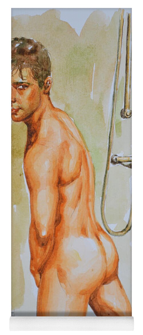 Original Art Yoga Mat featuring the painting Original Watercolor Painting Art Male Nude Boy Gay On Paper#10-07-04 by Hongtao Huang
