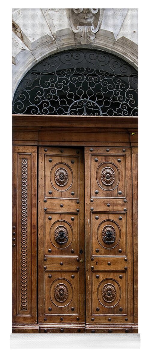 Ornate Wood Double Doors Yoga Mat featuring the photograph Ornate Wood Double Doors by Sally Weigand
