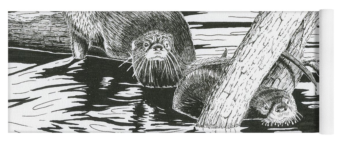 Otter Yoga Mat featuring the drawing Otters Three by Timothy Livingston
