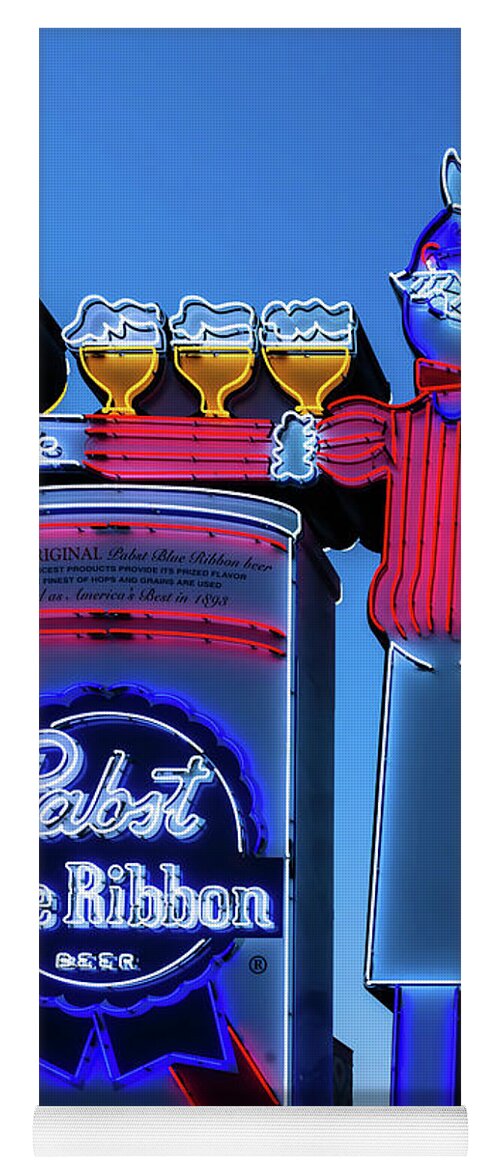 Pabst Blue Ribbon Yoga Mat featuring the photograph Pabst Blue Ribbon Neon Sign Fremont Street by Aloha Art