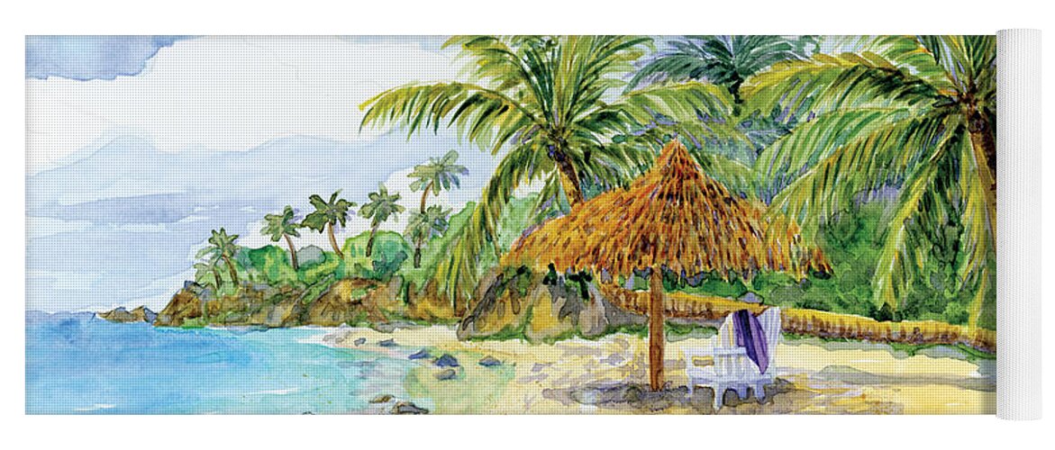 Palappa Yoga Mat featuring the painting Palappa n Adirondack Chairs on a Caribbean Beach by Audrey Jeanne Roberts