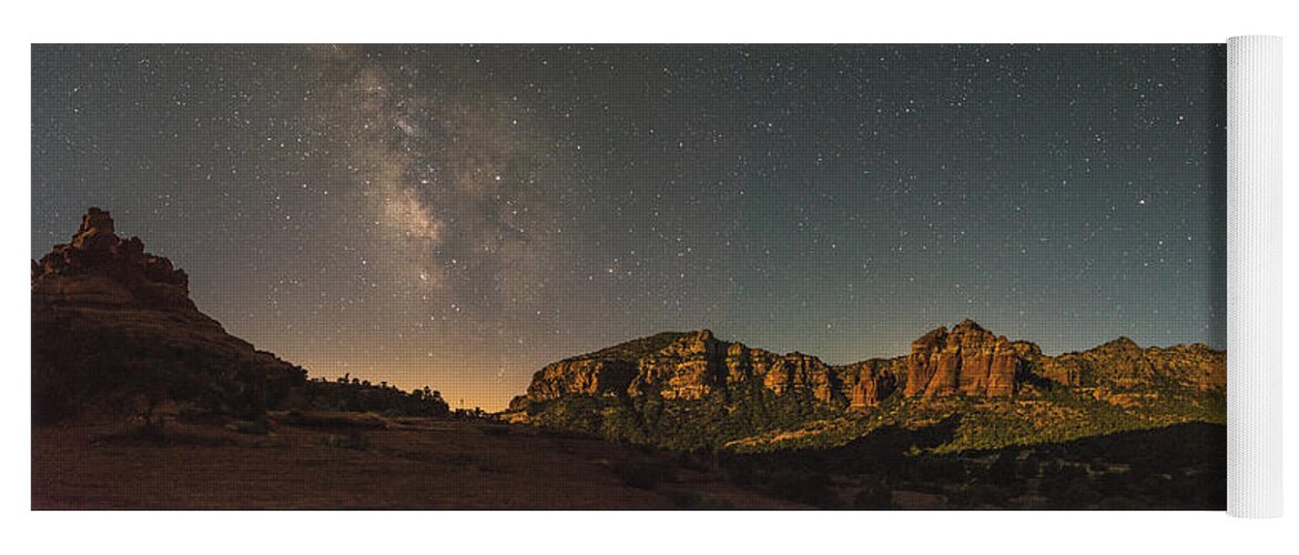 Milky Way Yoga Mat featuring the photograph Panorama Milky way over Bell Rock, Arizona by Mati Krimerman