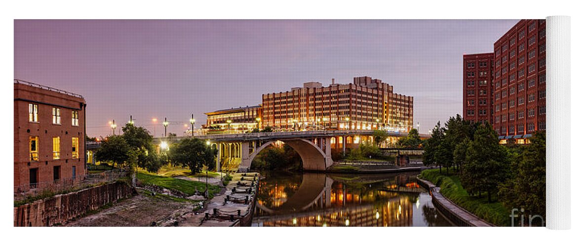 City Yoga Mat featuring the photograph Panorama of University of Houston Downtown at Twilight - Reflection on Buffalo Bayou - Houston Texas by Silvio Ligutti