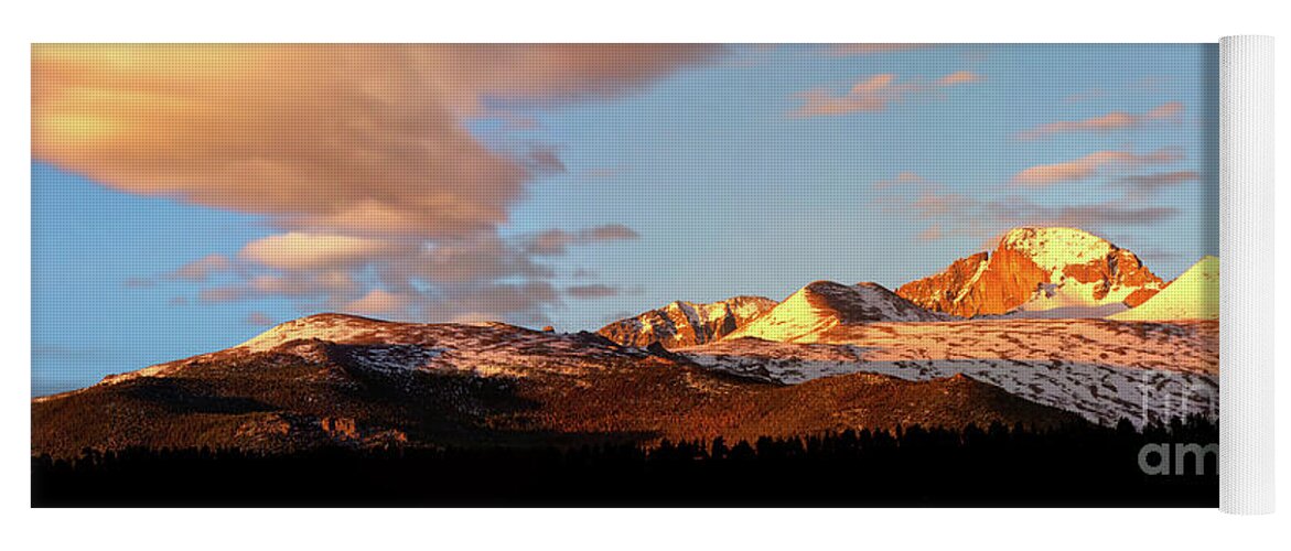 Longs Peak Yoga Mat featuring the photograph Panorama View of Longs Peak at sunrise by Ronda Kimbrow