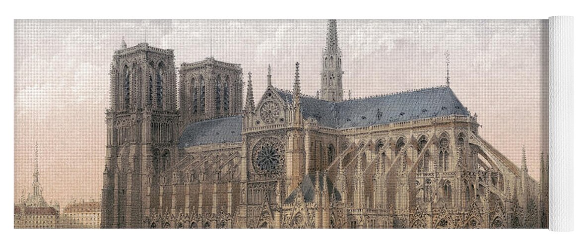 1870s Yoga Mat featuring the drawing PARIS, NOTRE-DAME, c1875 by Charles Riviere
