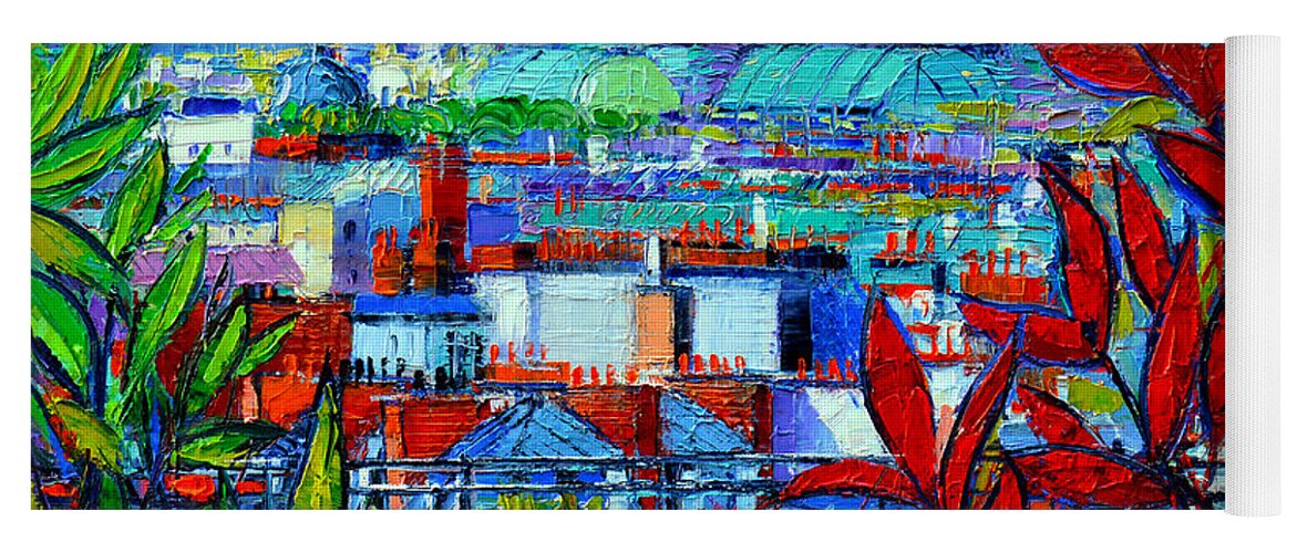 Paris Rooftops Yoga Mat featuring the painting Paris Rooftops - View From Printemps Terrace  by Mona Edulesco