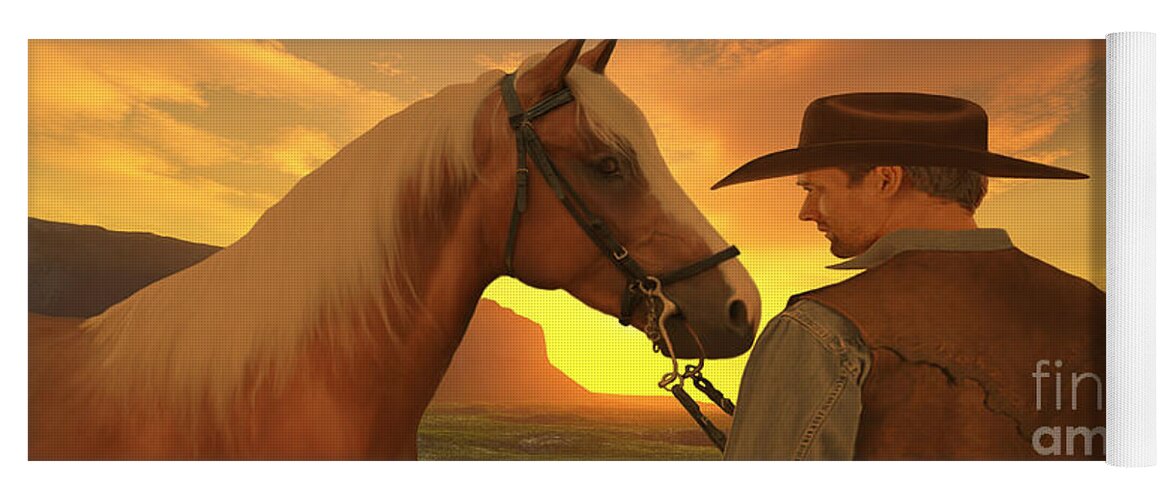 Cowboy Yoga Mat featuring the painting Partners with Sunset by Corey Ford