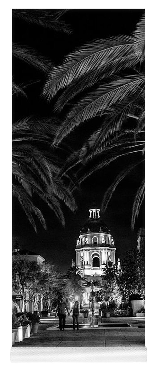 Pasadena Yoga Mat featuring the photograph Pasadena City Hall after Dark in Black and White by Randall Nyhof