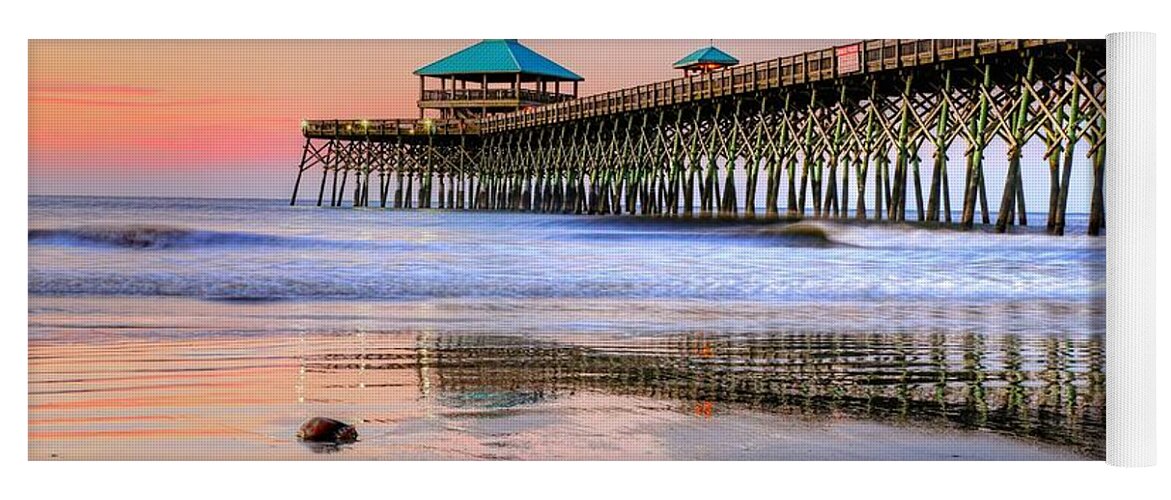 Folly Beach Yoga Mat featuring the photograph Pastel Sunrise On Folly Beach Pier In Charleston South Carolina by Carol Montoya