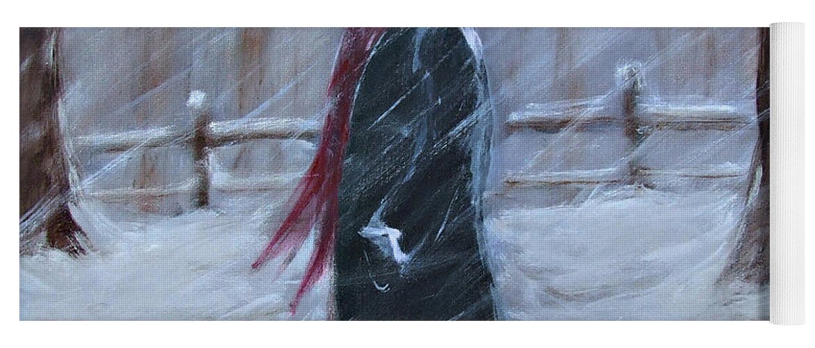 Katt Yanda Original Art Landscape Oil Painting Canvas Girl Walking Snow Falling Snowflakes Winter Weather Storm Red Hat Scarf Yoga Mat featuring the painting Peace and Solitude by Katt Yanda