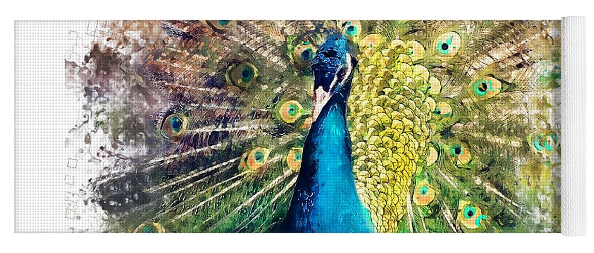 Peacock Yoga Mat featuring the painting Peacock watercolor painting by Justyna Jaszke JBJart
