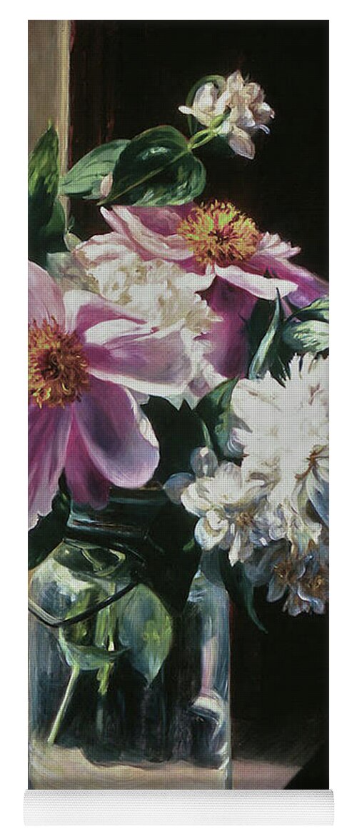 Peonies Yoga Mat featuring the painting Peonies in Ball Jar by Marie Witte