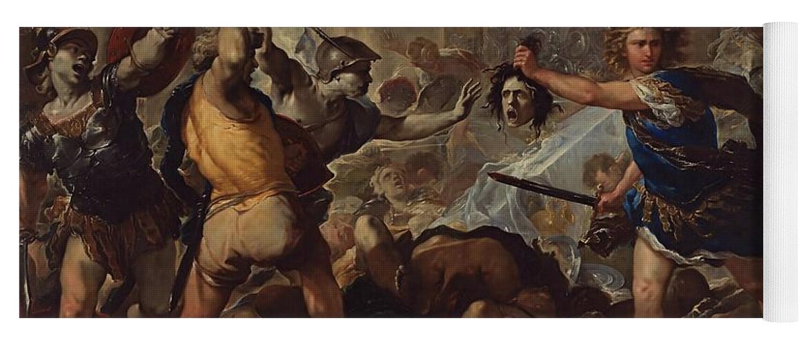 Luca Giordano Yoga Mat featuring the painting Perseus fights Phineas by Luca Giordano