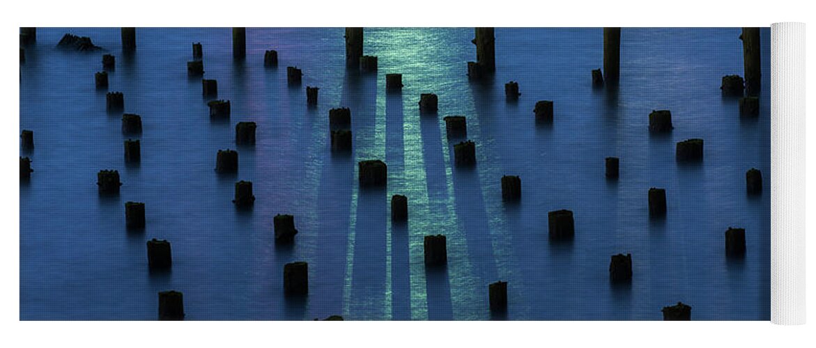 Abstract Yoga Mat featuring the photograph Pilings and Ship Light by Robert Potts