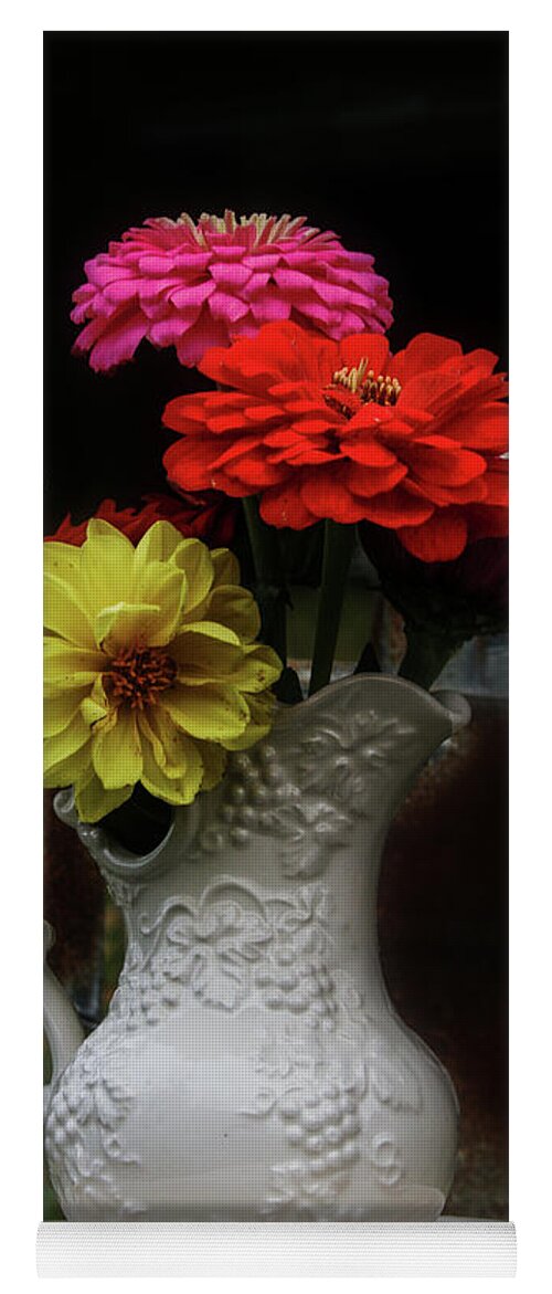 Pitcher Of Flowers Yoga Mat featuring the photograph Pitcher and Zinnias by Jeff Kurtz