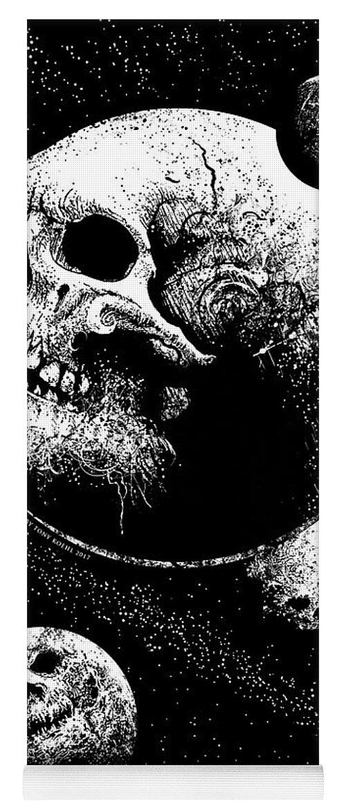 Tony Koehl; Sketch The Soul; Planets; Skull; Earth; Decay; Planetary Decay; Moon; Space; Black And White; Teeth; Death; Metal Yoga Mat featuring the mixed media Planetary Decay by Tony Koehl