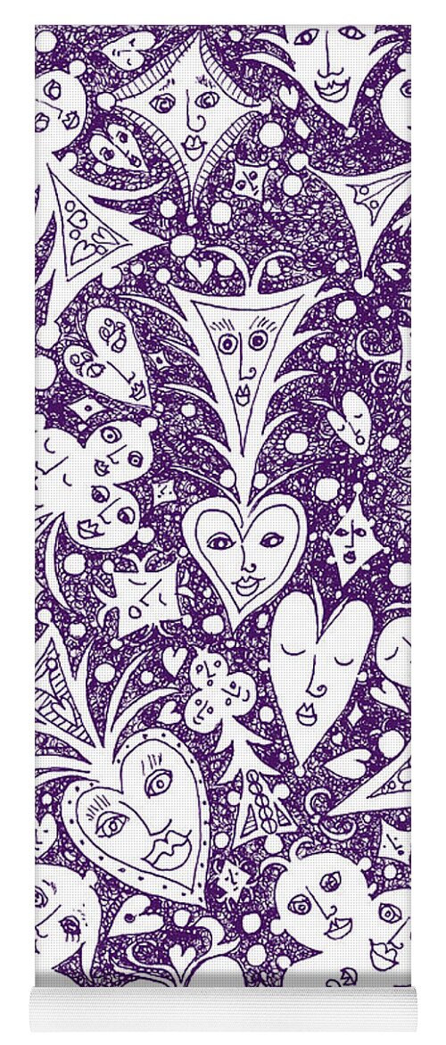 Lise Winne Yoga Mat featuring the drawing Playing Card Symbols with Faces in Purple by Lise Winne
