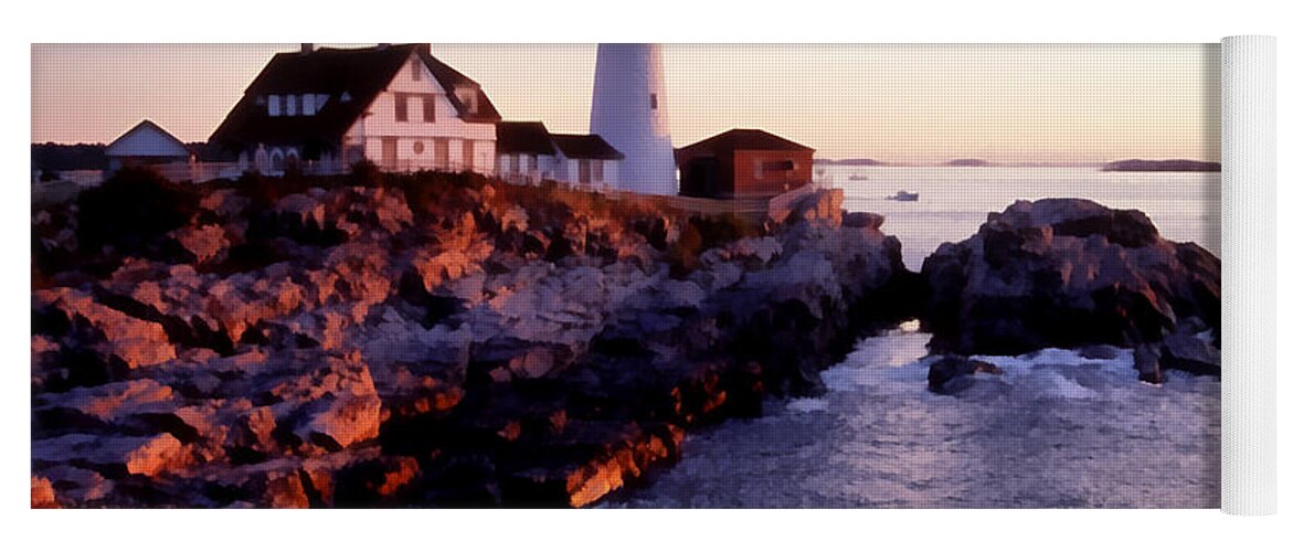 Water Ocean Scene Lighthouse Maine Painting Fishing Nature Yoga Mat featuring the painting Pnrf0905 by Henry Butz