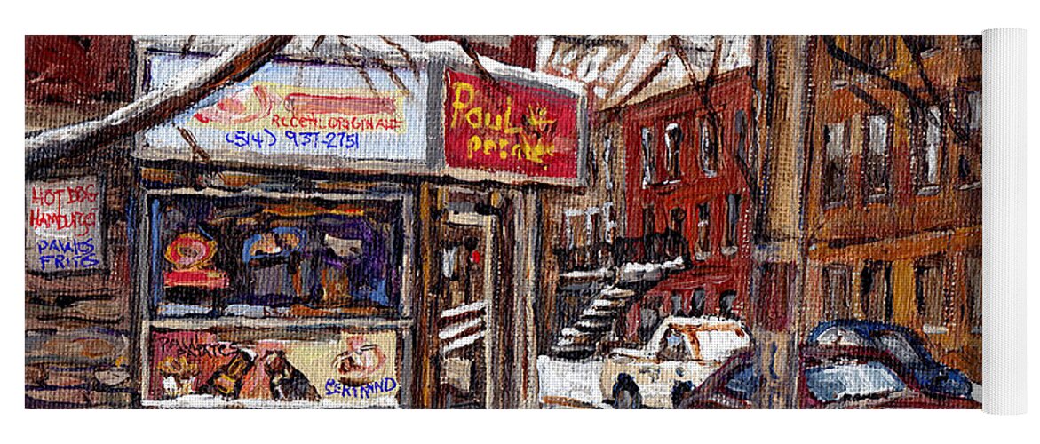 Montreal Yoga Mat featuring the painting Pointe St Charles Montreal Winter Scene Painting Paul Patates Restaurant At Coleraine And Charlevoix by Carole Spandau