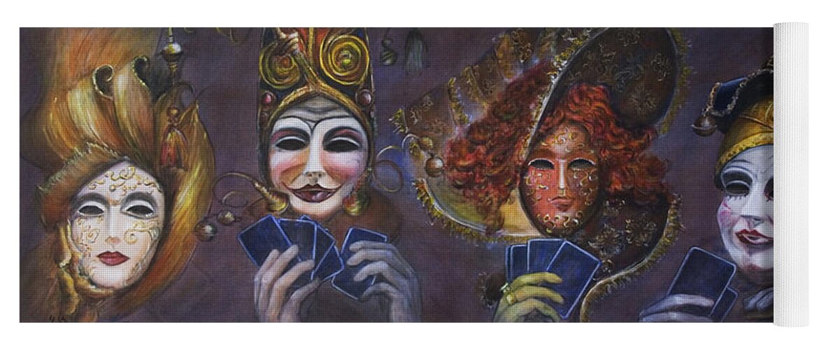 Masks Yoga Mat featuring the painting Poker Face by Nik Helbig