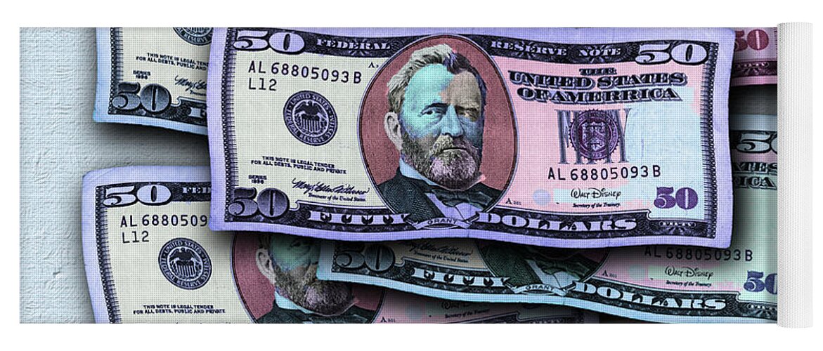 $50 Yoga Mat featuring the painting 50 Dollar Bills In The Wind All Colors In Spectrum 2 Pop Art by Tony Rubino
