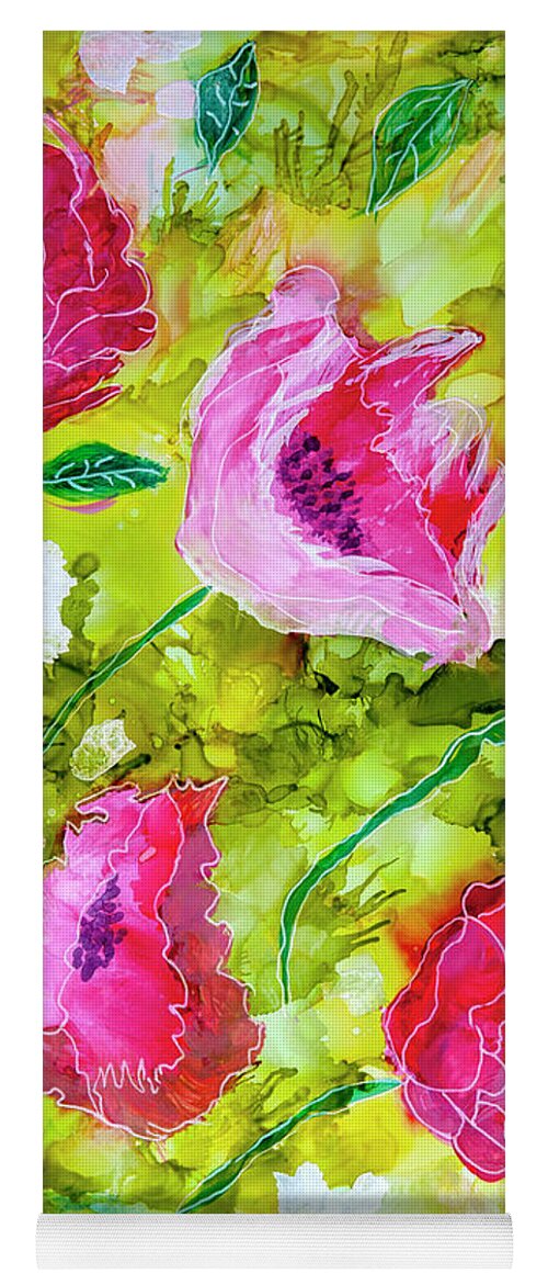 Landscape Abstract Nature Painting Inks Poster Summer Spring Yoga Mat featuring the painting Poppies and Peonies by Judy Huck