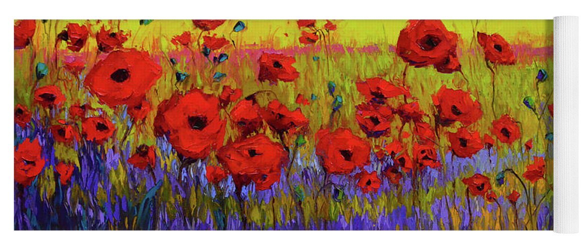 Colorful Wildflowers Yoga Mat featuring the painting Poppy Flower Field Oil Painting with Palette knife by Patricia Awapara