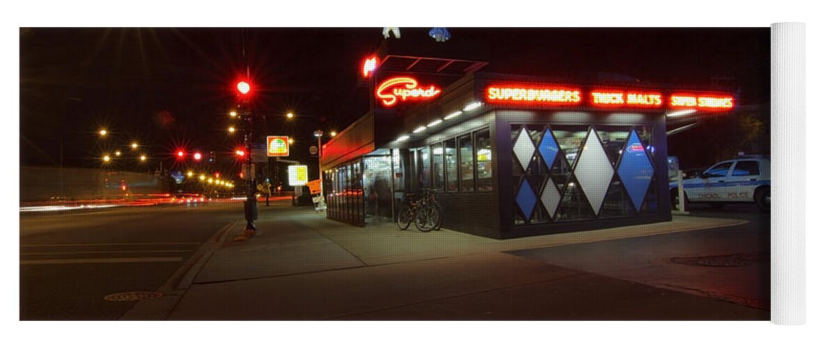 Super Dwangs Yoga Mat featuring the photograph Popular Chicago hot dog stand night by Sven Brogren