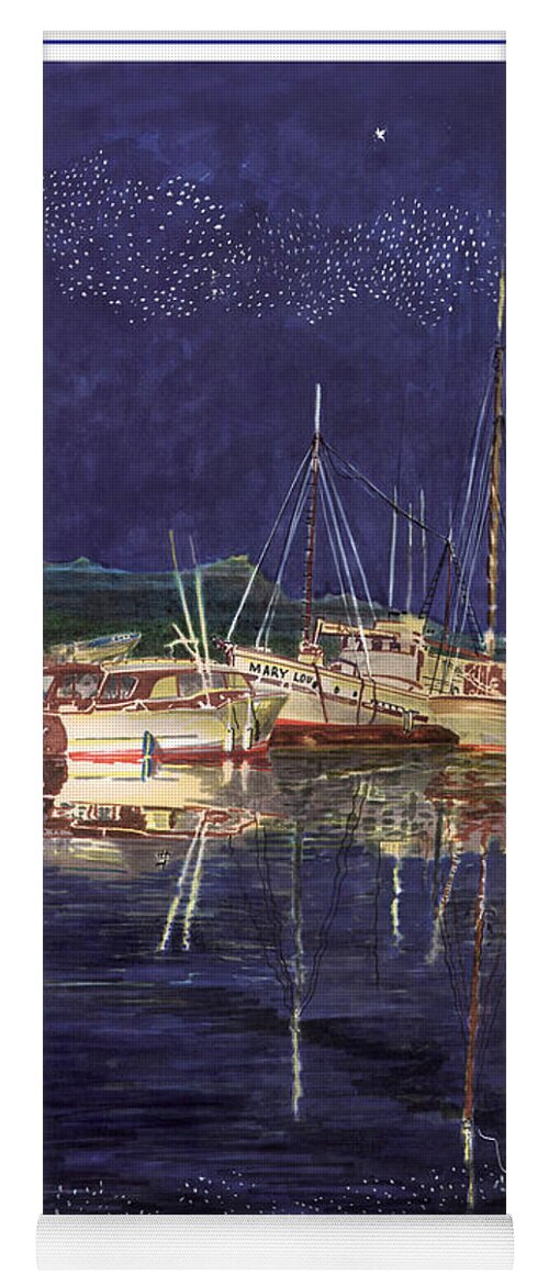 A Watercolor Painting Of The Port Orchard Marina At Night Will Look Good In Your Office Yoga Mat featuring the painting Marina Evening Reflections by Jack Pumphrey