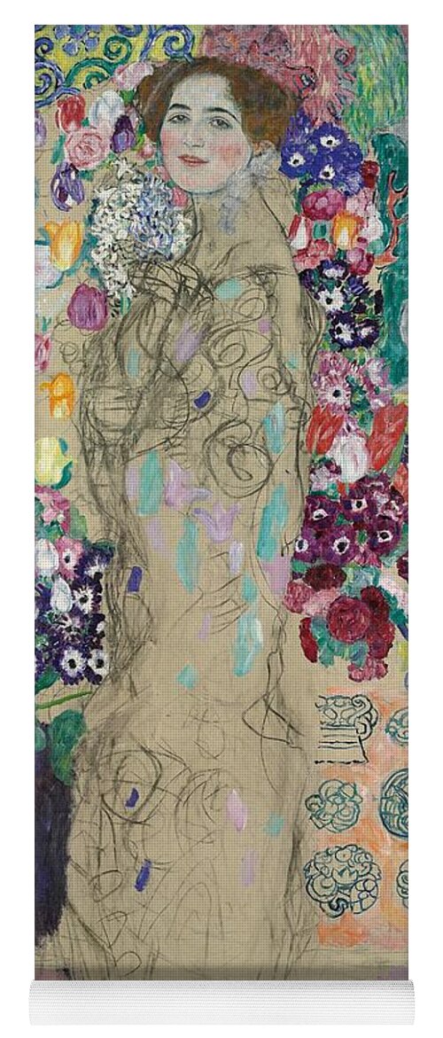 Female; 1910s; Symbolist; Viennese; Austrian Secession; Bright;colourful; Full Length; Standing; Smiling; Flowers; Pattern; Happy; Happiness; Drawing Yoga Mat featuring the painting Portrait of Ria Munk III by Gustav Klimt