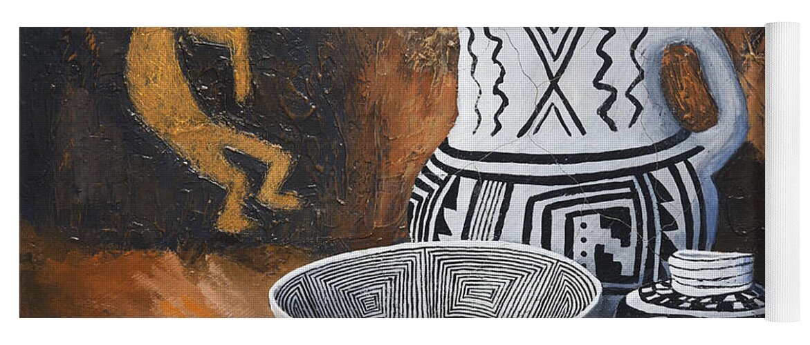 Anasazi Yoga Mat featuring the painting Pottery and Petroglyphs by Jerry McElroy