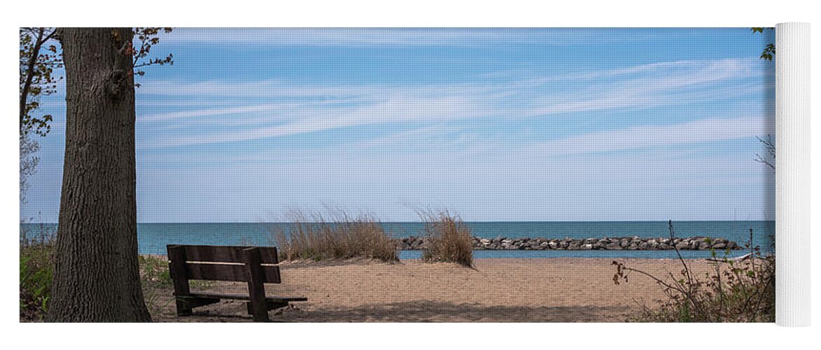 Terry D Photography Yoga Mat featuring the photograph Presque Isle Beach Bench Lake Erie PA by Terry DeLuco