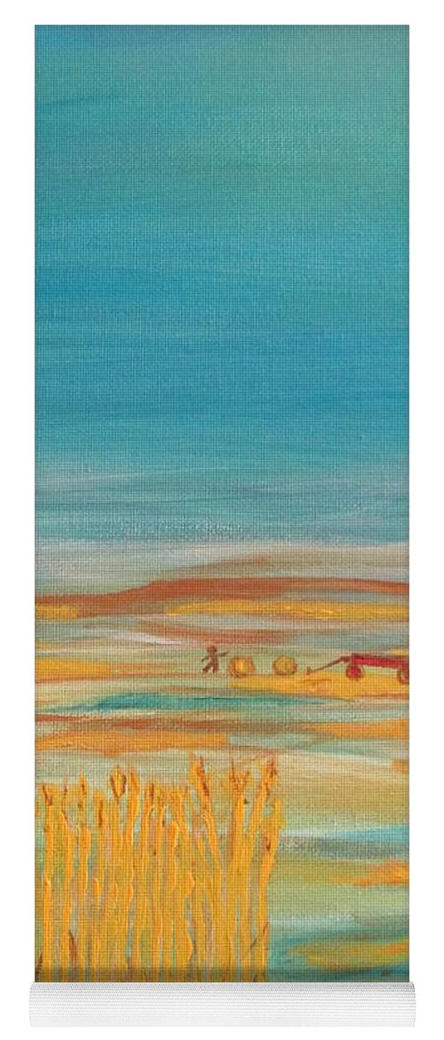 Abstract Provence France Wheat Harvest Provincial Valley Peaceful Blue Gold Yellow Brown White Green Red Yoga Mat featuring the painting Provence Wheat Harvest by Sharyn Winters