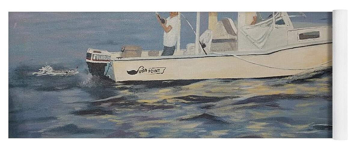 Smith Point Yoga Mat featuring the painting Pudgie and Gary Wayne Landing a Rockfish by Mike Jenkins