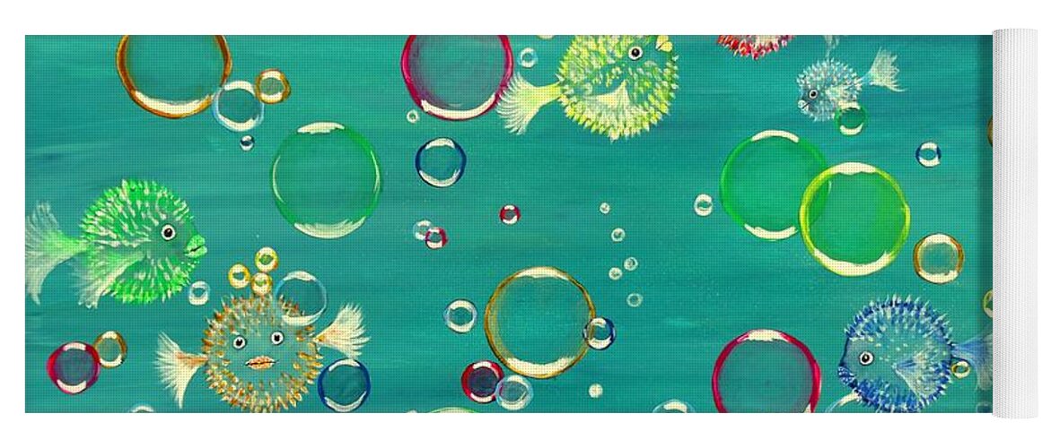 Puffer Fish Yoga Mat featuring the painting Pufferfish Rainbow by Karen Jane Jones