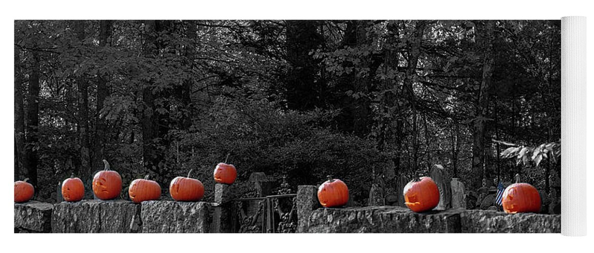 Pumpkins Yoga Mat featuring the photograph Pumpkins on a wall by Mim White
