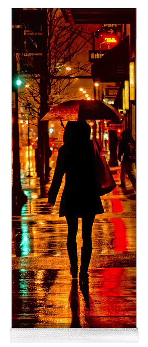Silhouette Yoga Mat featuring the photograph Rain - City Night - Woman with Umbrella by Nikolyn McDonald